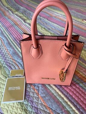 Michael Kors Coral Pink Leather Mini Tote with Gold Logo Charm